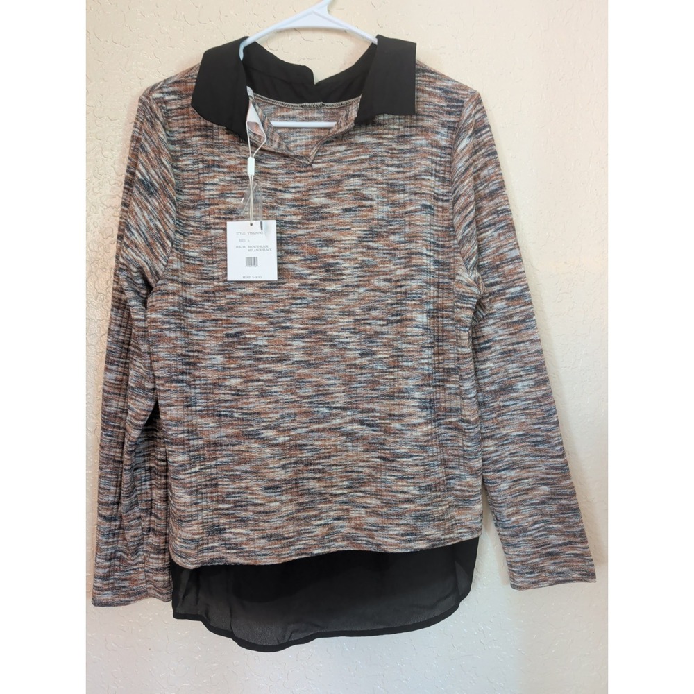 Zac & Rachel Womens Multicolor Knit Pullover Top Black Trim V-Neck L